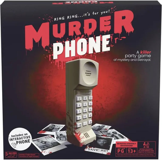 Murder Phone box with a bloody interactive phone and scattered photos on a dark background.