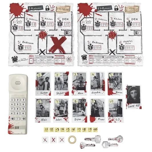 Murder Phone game with two player sheets, interactive phone, photo cards, tokens, keys, and numbered tiles.