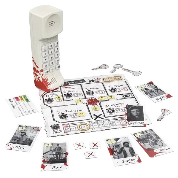 Murder Phone party game with vintage phone, map, cards, keys, and tokens on a white surface.