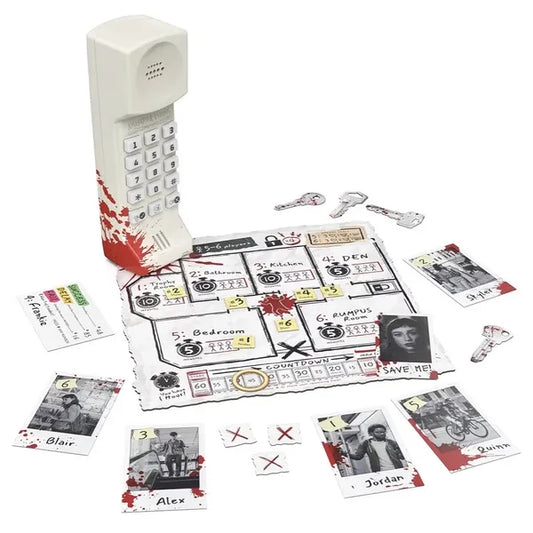 Murder Phone party game with vintage phone, map, cards, keys, and tokens on a white surface.
