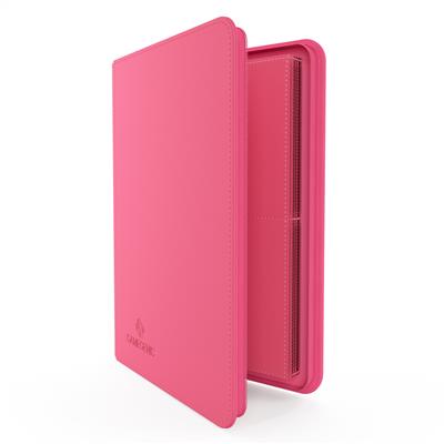 Pink Gamegenic 8-Pocket Zip-Up Album, rectangular, partly open, showing side-loading pockets inside.