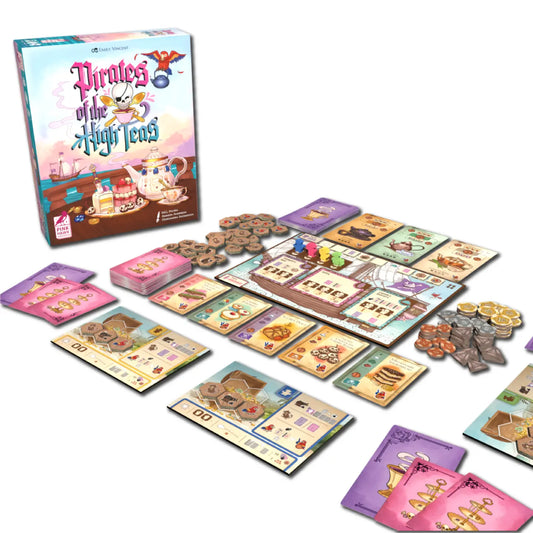 Pirates of the High Teas family board game with cards, tokens, coins, and boards.