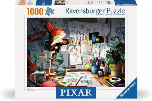 Disney Pixar: The Artists Desk 1000-piece jigsaw puzzle with Pixar character sketches and art supplies.