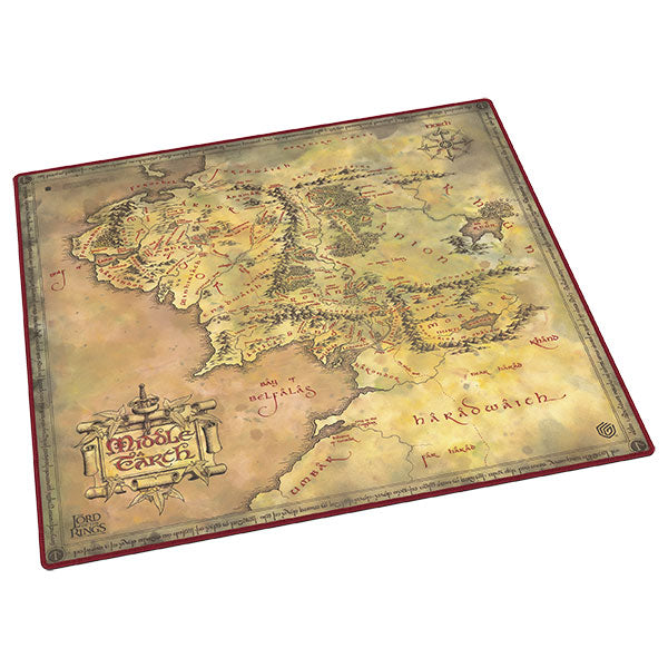 Anti-slip 61x61cm playmat with a detailed map of Middle-earth from The Lord of the Rings, showing regions and landmarks.