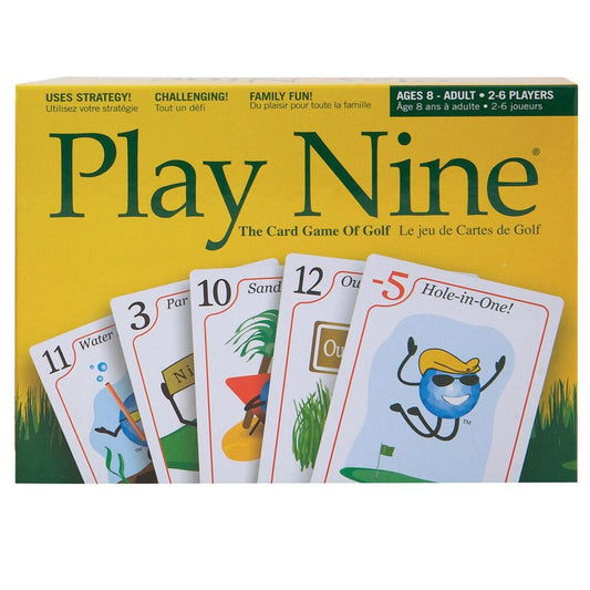Play Nine - Card Game of Golf box with fanned cards showing Hole-in-One and golf-themed numbers.