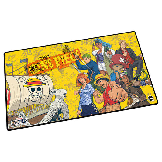 Playmat: Netflix One Piece Crew, main crew and ship on yellow background.