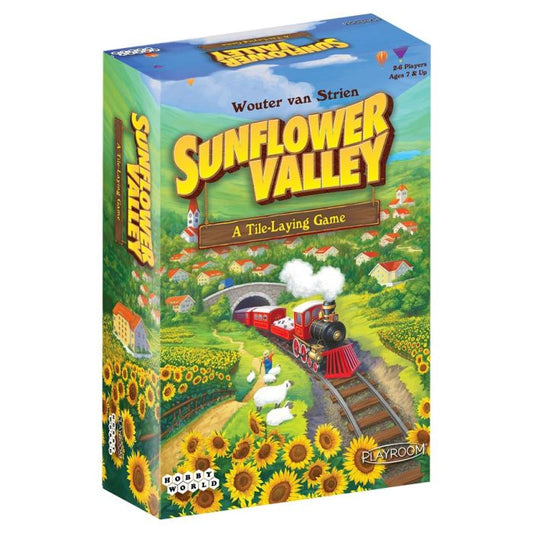 Sunflower Valley board game box showing a train, sunflowers, sheep, and houses in a valley.