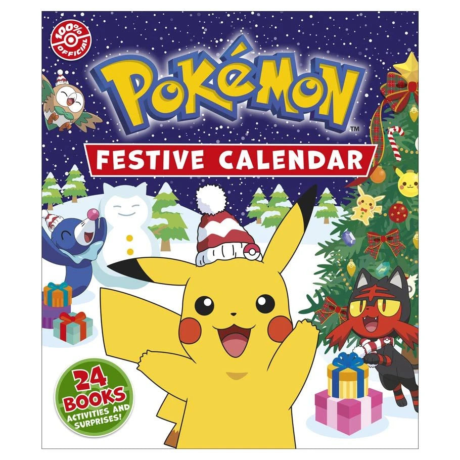 Pokémon Festive Calendar featuring Pikachu and friends wearing Santa hats on the cover.