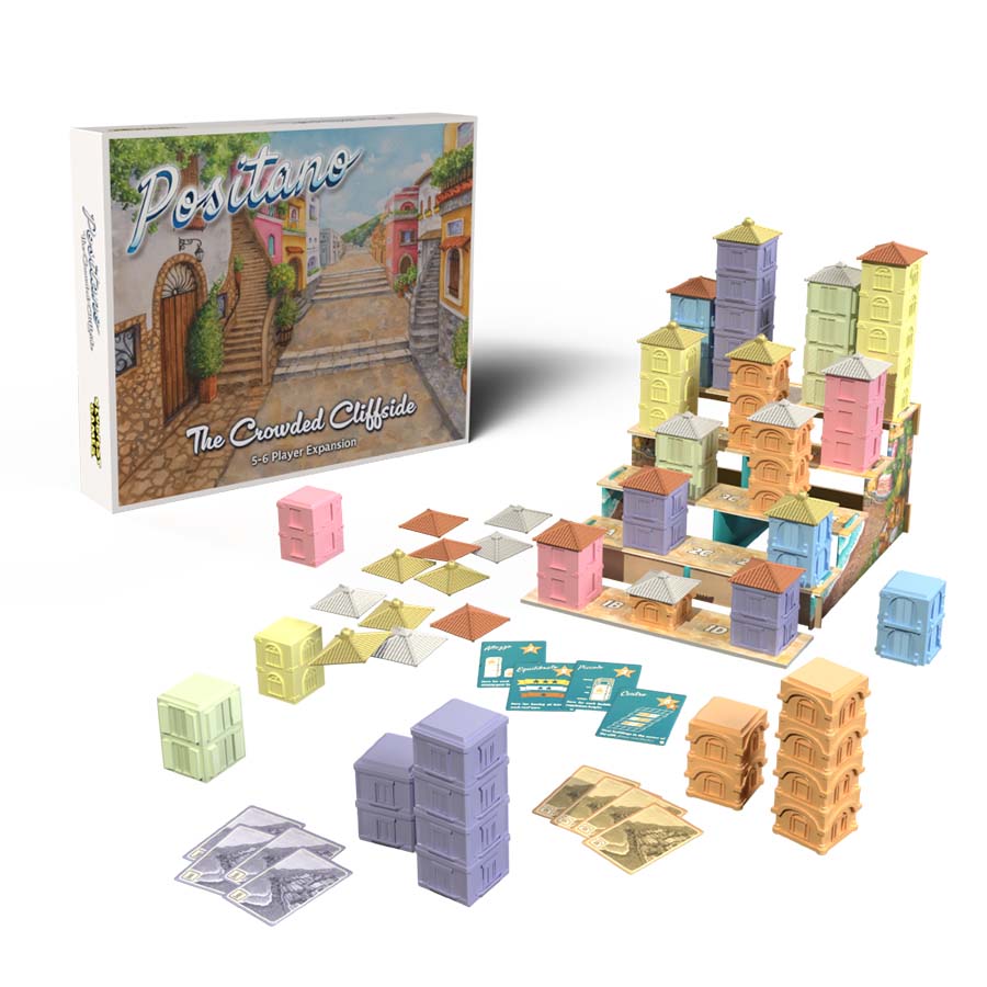 Positano: The Crowded Cliffside board game with pieces, cards, and tiles arranged for six players.