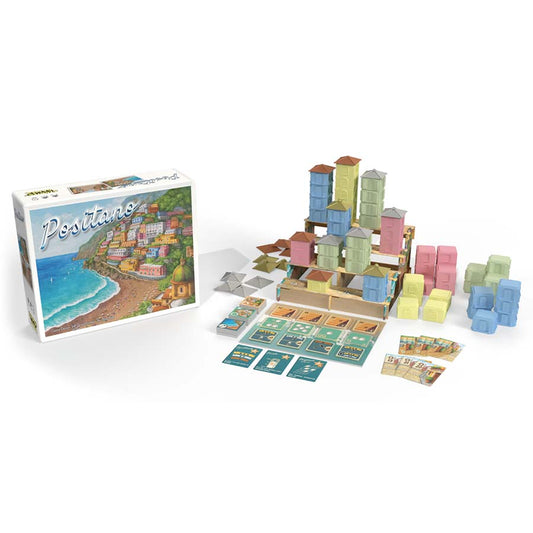 Positano strategy game components, including colorful stacked buildings, cards, and tokens on a white surface.