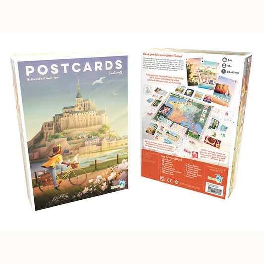 Front and back of Postcards game box, a board game about collecting postcards across France.