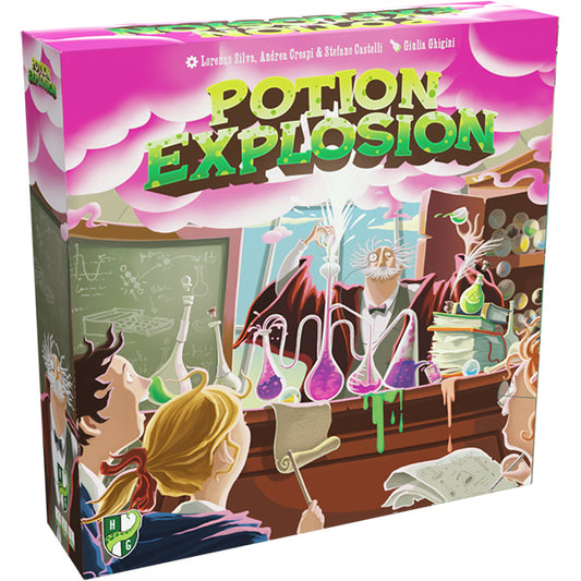 Potion Explosion 3rd Edition game box showing students mixing potions and a marble dispenser in a classroom.
