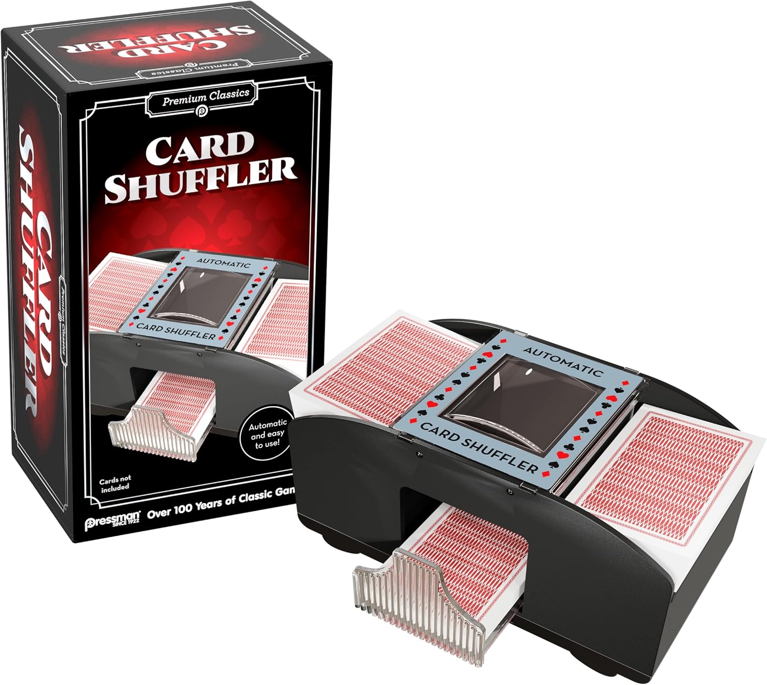 Pressman Playmaker Poker card shuffler in packaging with inserted decks of cards.
