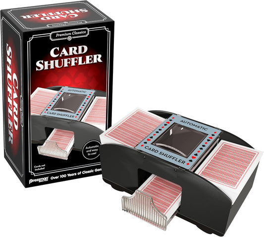 Pressman Playmaker Poker card shuffler in packaging with inserted decks of cards.