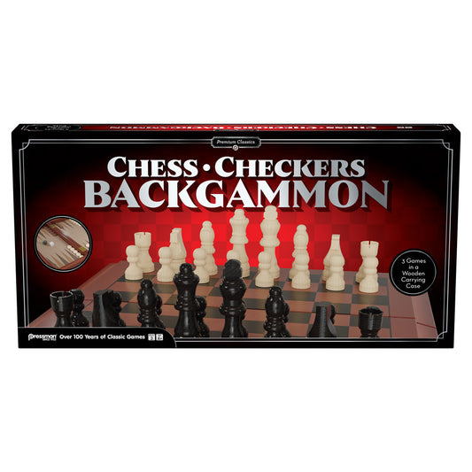 Pressman Premium Classics set with chess, checkers, and backgammon; includes arranged chess pieces.