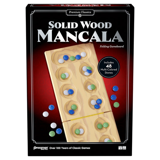 Pressman Premium Classics Mancala travel game with solid wood board and multi-colored stones.