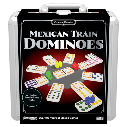 Pressman Premium Classics Mexican Train Dominoes set with colorful dominoes and trains shown in a circle on the box front.