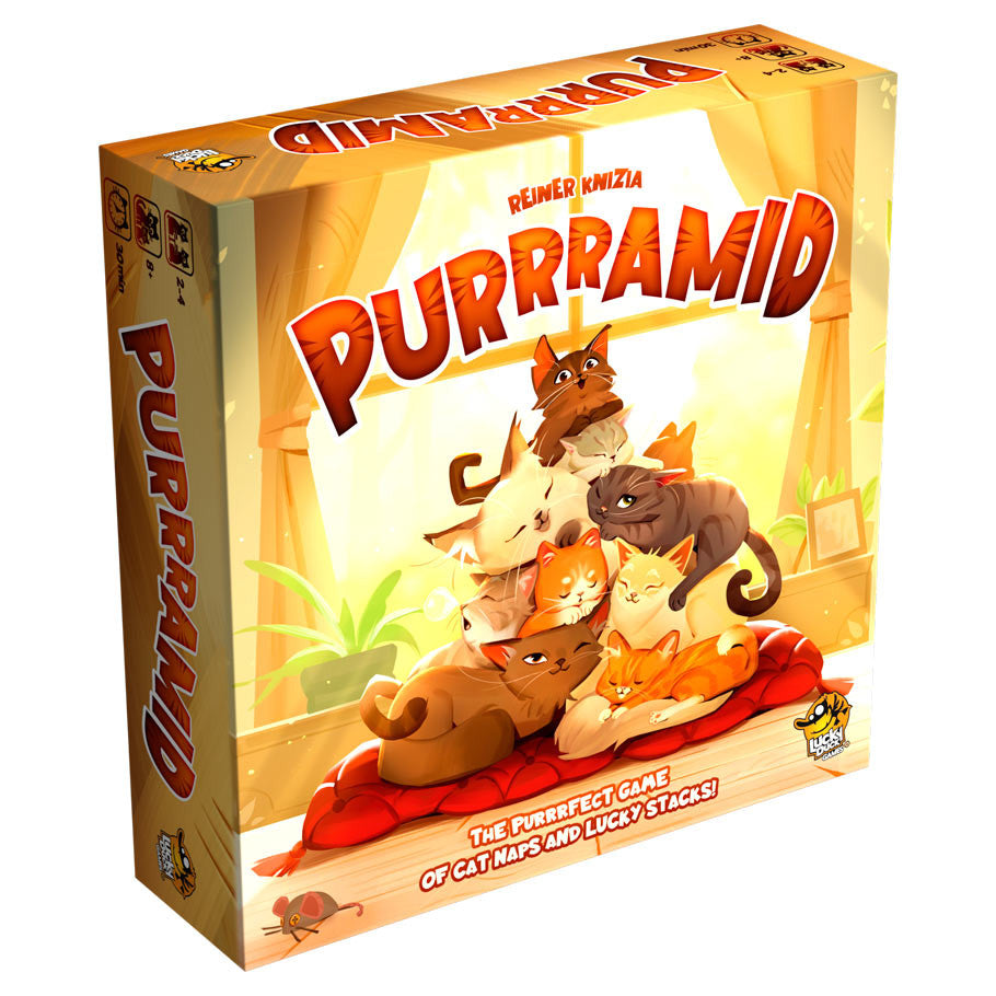 Purrramid family board game box featuring illustrated cats stacked in a pyramid.