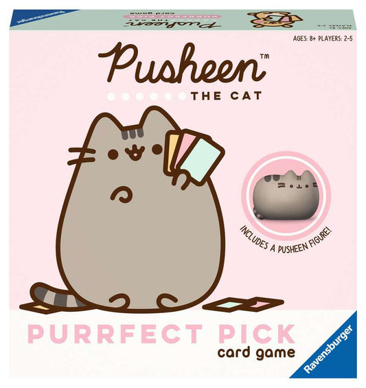 Pusheen: Purrfect Pick board game box with cards, includes a collectible Pusheen figure inside.