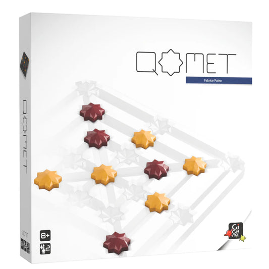 Qomet board game box featuring area control, red and yellow star pieces, and a geometric grid.