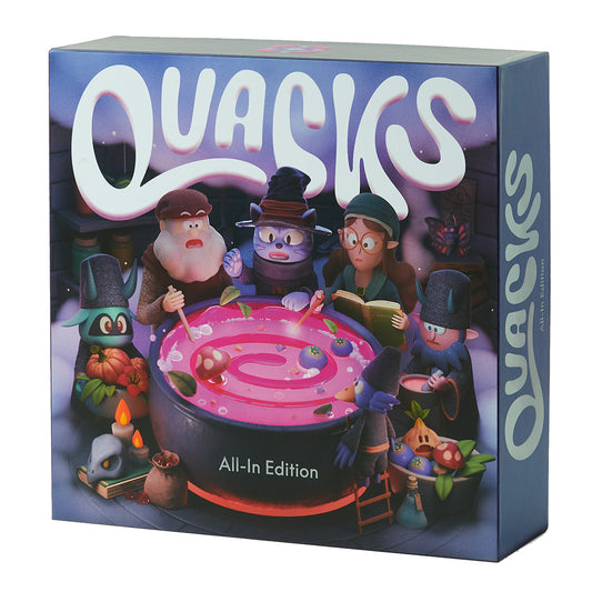 Quacks: All-In Edition board game box featuring cartoon characters and potion-brewing theme.
