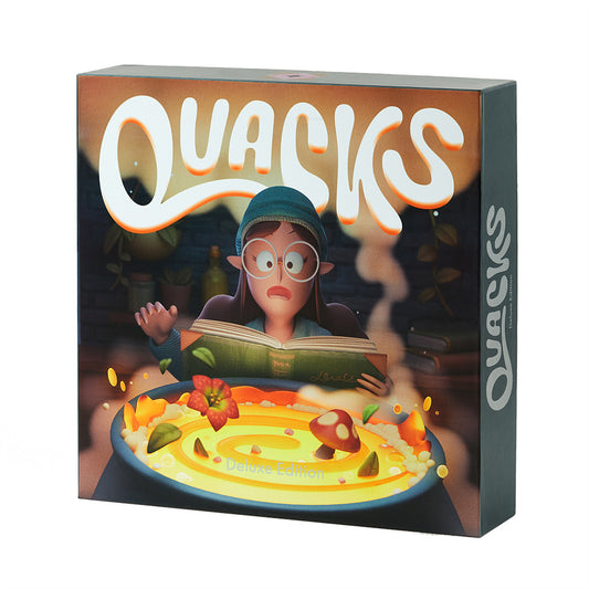Quacks: Deluxe Edition game box. A surprised character reads by a glowing potion. Push-your-luck board game.
