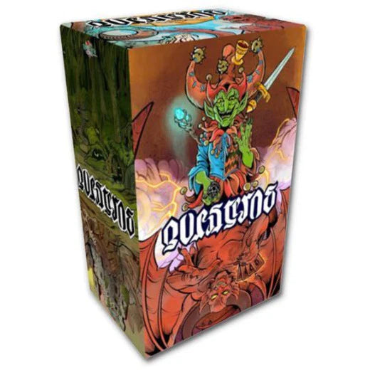 Questeros Card Game & Tarot Deck box featuring a goblin king with a sword riding a red dragon.