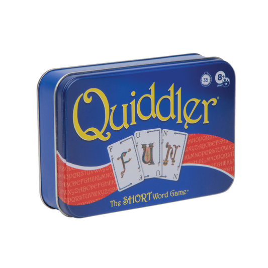 Quiddler Game Tin with three letter cards. Card game suitable for families.