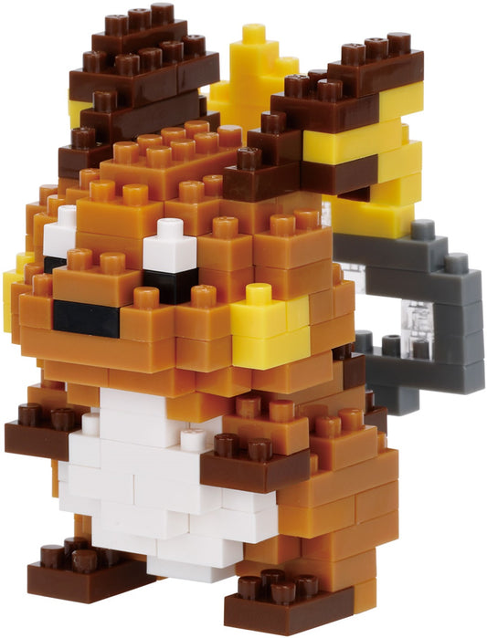 Pokemon Nanoblock Raichu kit featuring a brown, yellow, and white pixelated mouse with large ears built from small bricks.