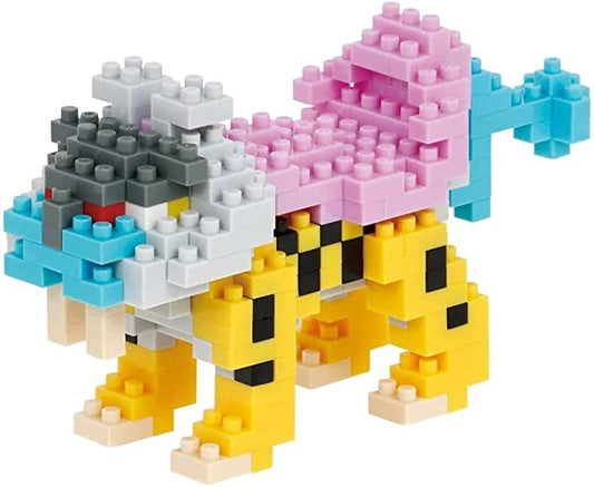 Pokemon Nanoblock Raikou figure, pixelated tiger-like shape with yellow legs and pink-blue block body.