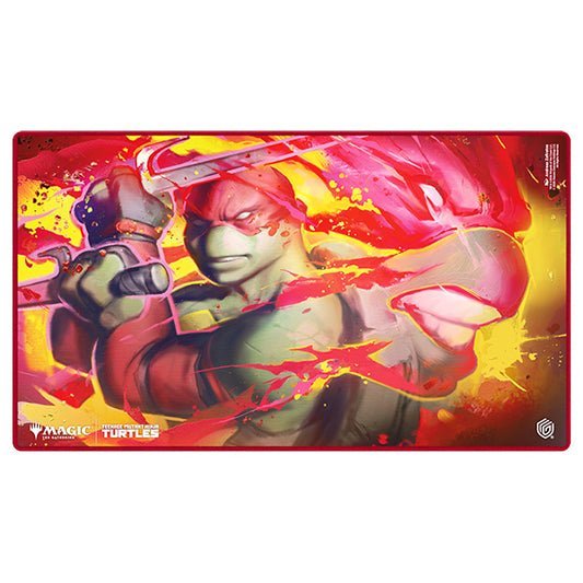 MTG Teenage Mutant Ninja Turtles Playmat featuring Raphael with sais on a red and yellow anti-slip backdrop.