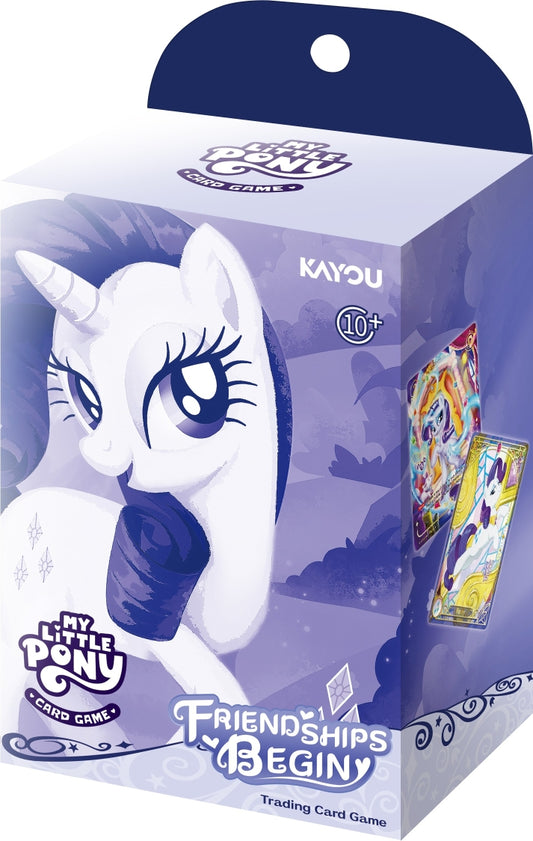 My Little Pony Card Game starter set box with Rarity and colorful cards, labeled Friendships Begin.