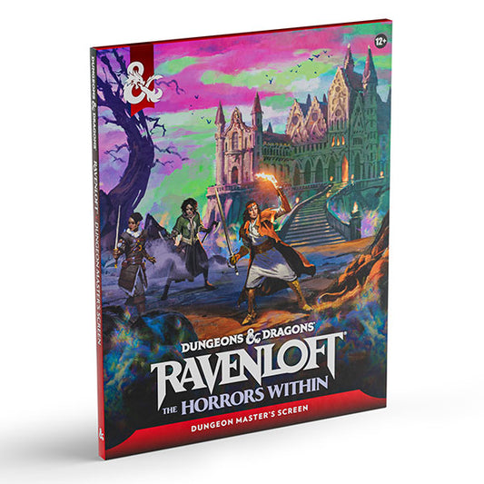 D&D 5e: Ravenloft—The Horrors Within DM Screen featuring gothic castle artwork with adventurers.