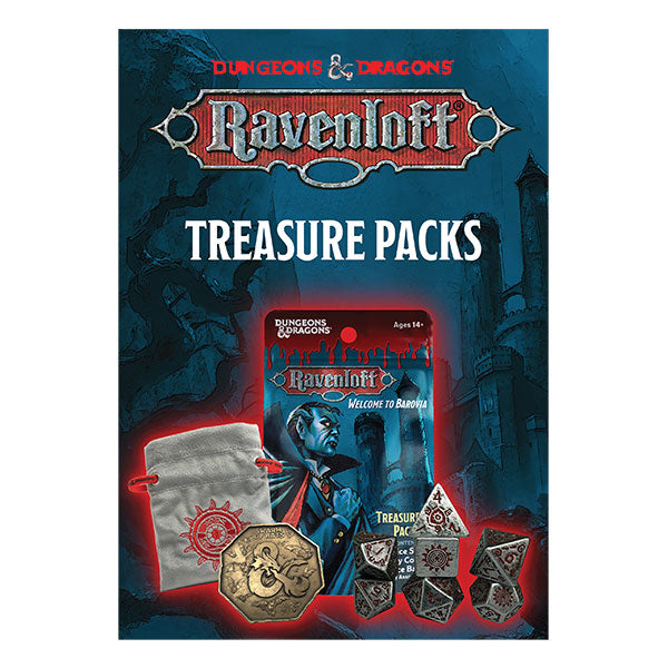 Castle Ravenloft Treasure Pack Dice Set with polyhedral dice, tokens, drawstring bag, and box featuring gothic art.