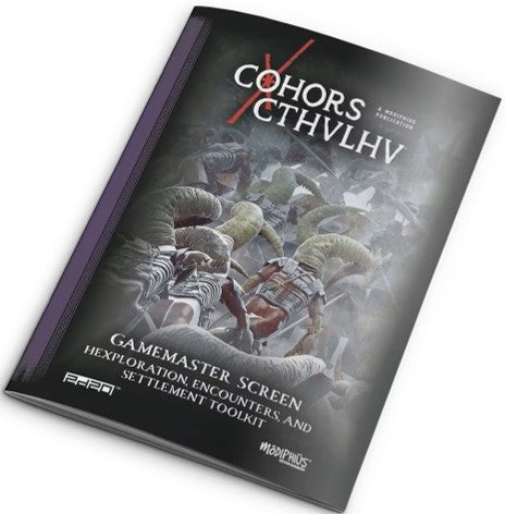 Cohors Cthulhu RPG: GM Toolkit with 2d20 GM Screen showing warriors fighting horned creatures.