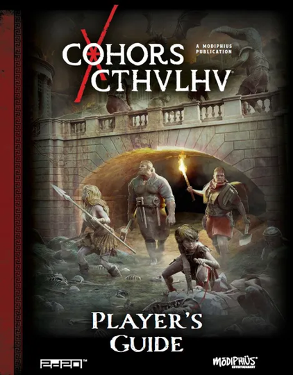 Cohors Cthulhu RPG: Player’s Guide cover featuring four heroes near a lost bridge facing eldritch horrors.