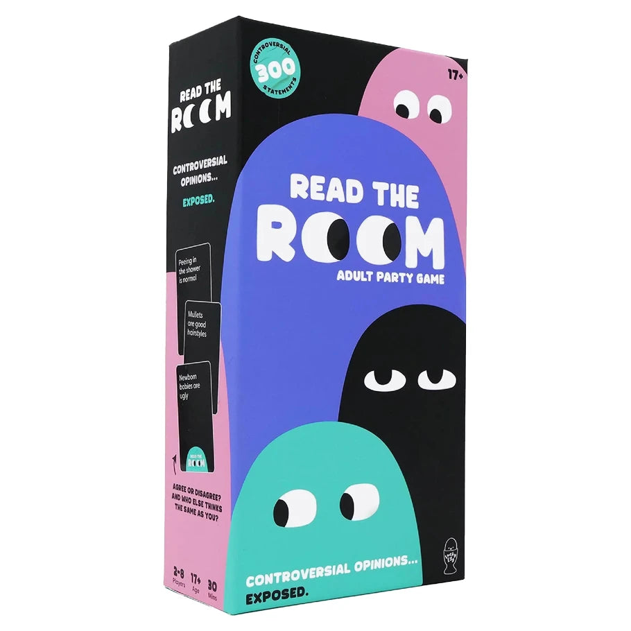 Read the Room card game featuring quirky and controversial opinion cards with colorful cartoon faces on the packaging.