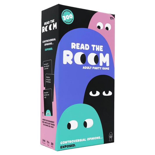 Read the Room card game featuring quirky and controversial opinion cards with colorful cartoon faces on the packaging.