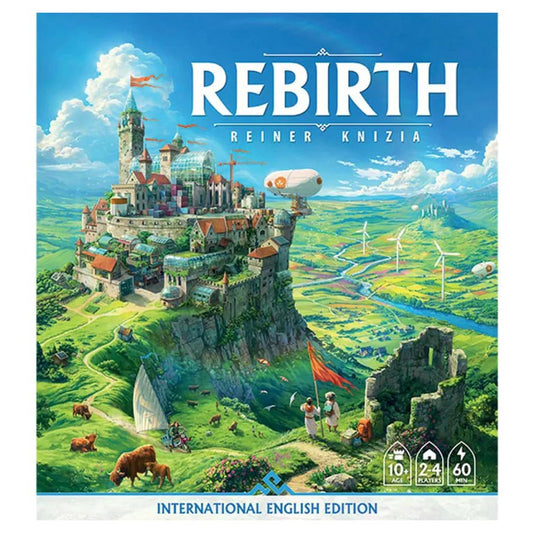 Rebirth: International English Edition board game box showing a fantasy hilltop city with fields and airships.