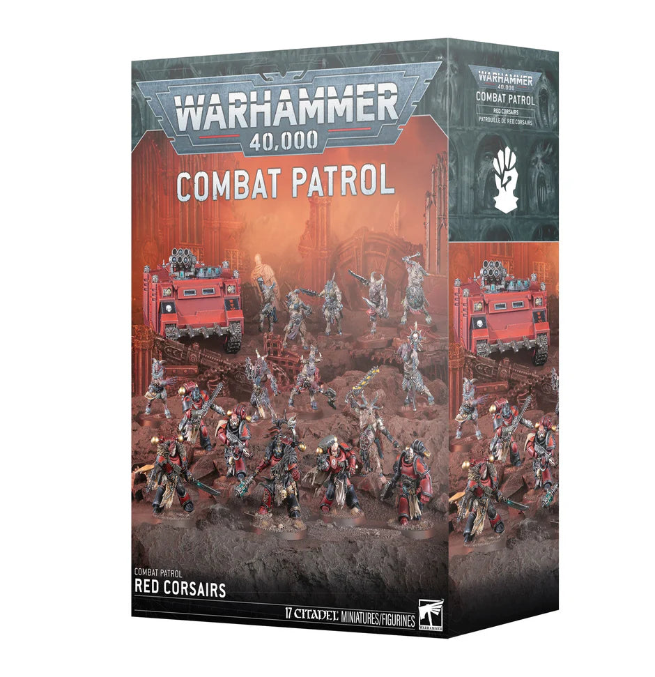 Warhammer 40,000 Chaos Space Marines Red Corsairs Combat Patrol box with Chaos Space Marines and red vehicle minis.