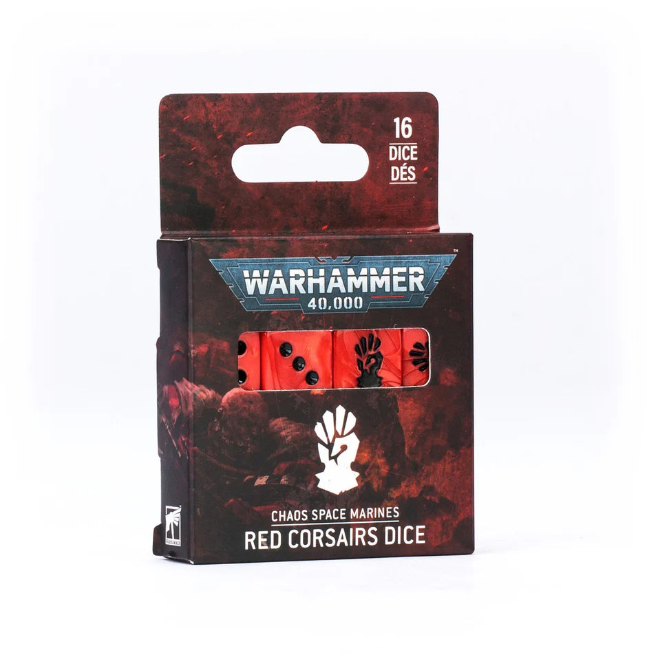Warhammer 40,000 Chaos Space Marines Red Corsairs dice set with 16 red dice and black symbols.