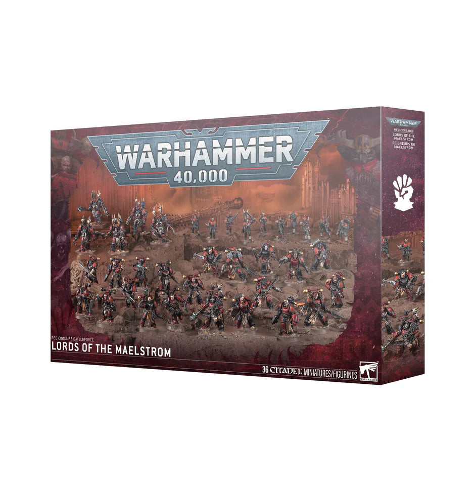 Warhammer 40,000 Chaos Space Marines Red Corsairs Lords of the Maelstrom Battleforce box with painted miniatures.