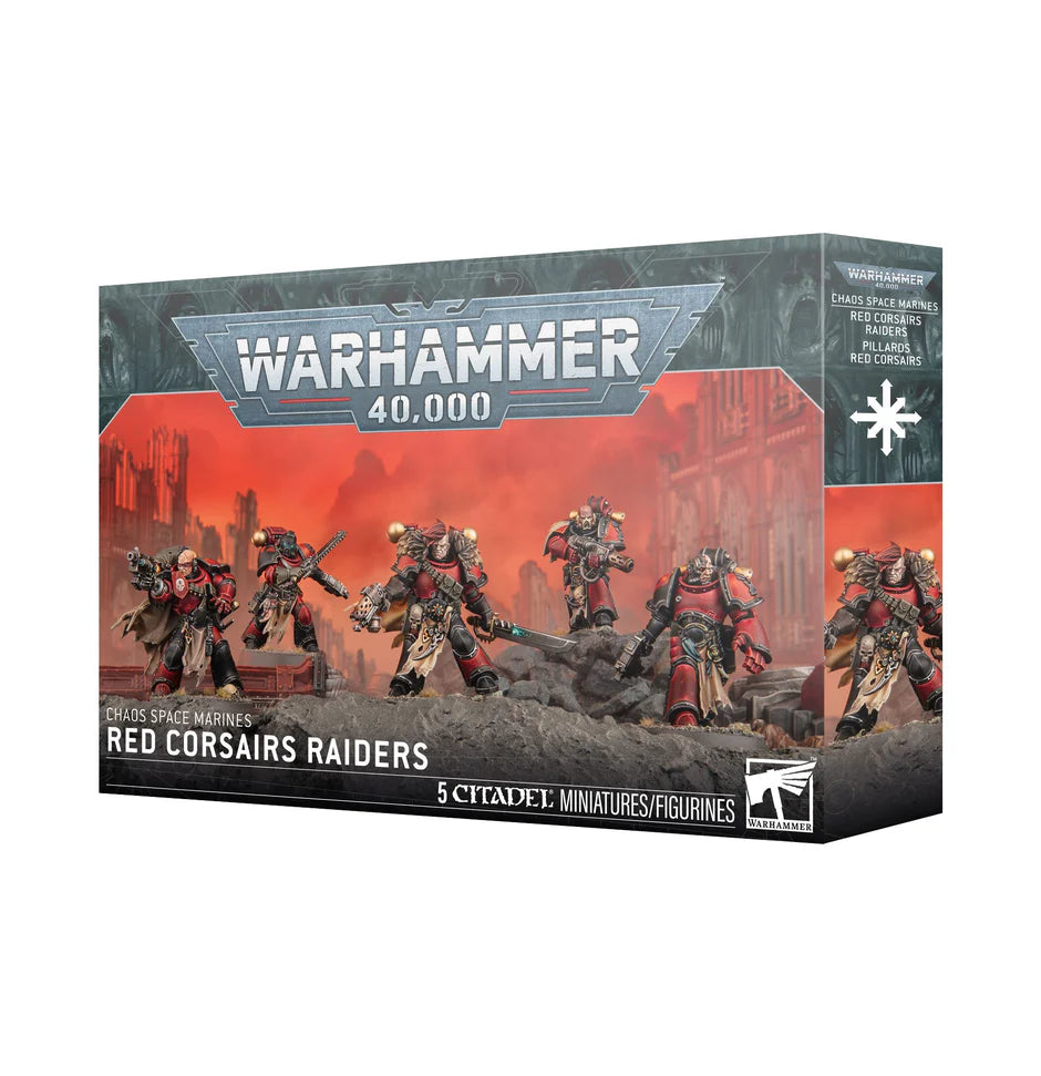 Warhammer 40,000 Chaos Space Marines Red Corsairs Raiders box set with five miniatures displayed on the cover.