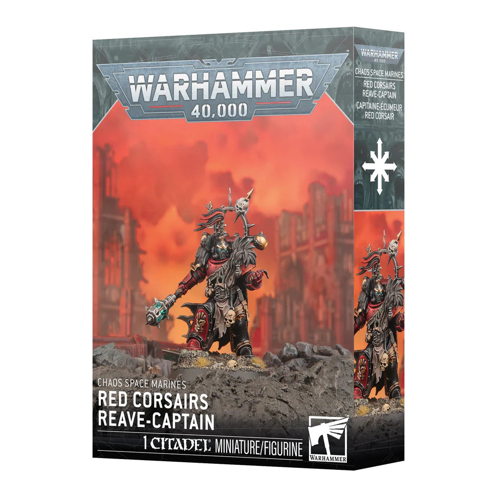 Warhammer 40,000 Chaos Space Marines Red Corsairs Reave-Captain box featuring the included miniature.