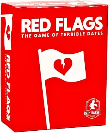 Red Flags party game box with white flag and broken heart on a red background.