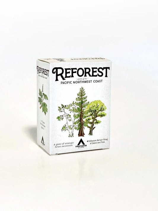 Reforest: Plants of the Pacific Northwest Coast tabletop game box with tree illustrations and title visible.