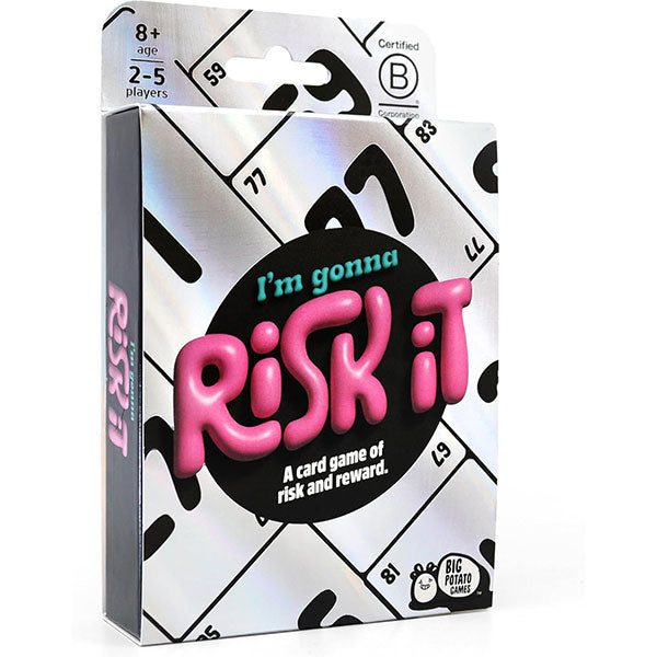 I’m Gonna Risk It card game for 2-5 players, ages 8+, in a box with pink lettering.