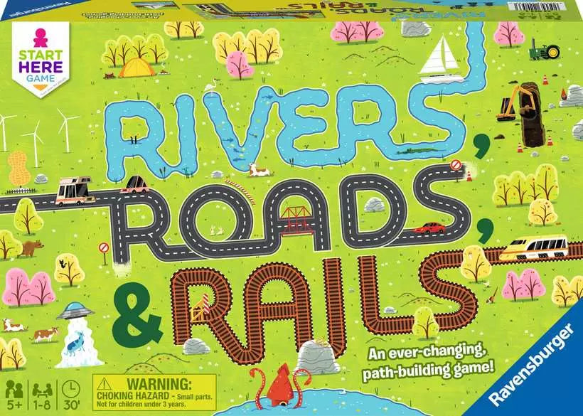 Rivers, Roads, & Rails board game box featuring illustrated matching paths, water, and trees.