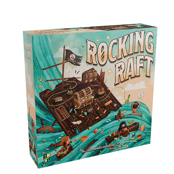 Rocking Raft board game box showing a pirate raft, teal waves, and gold coins.