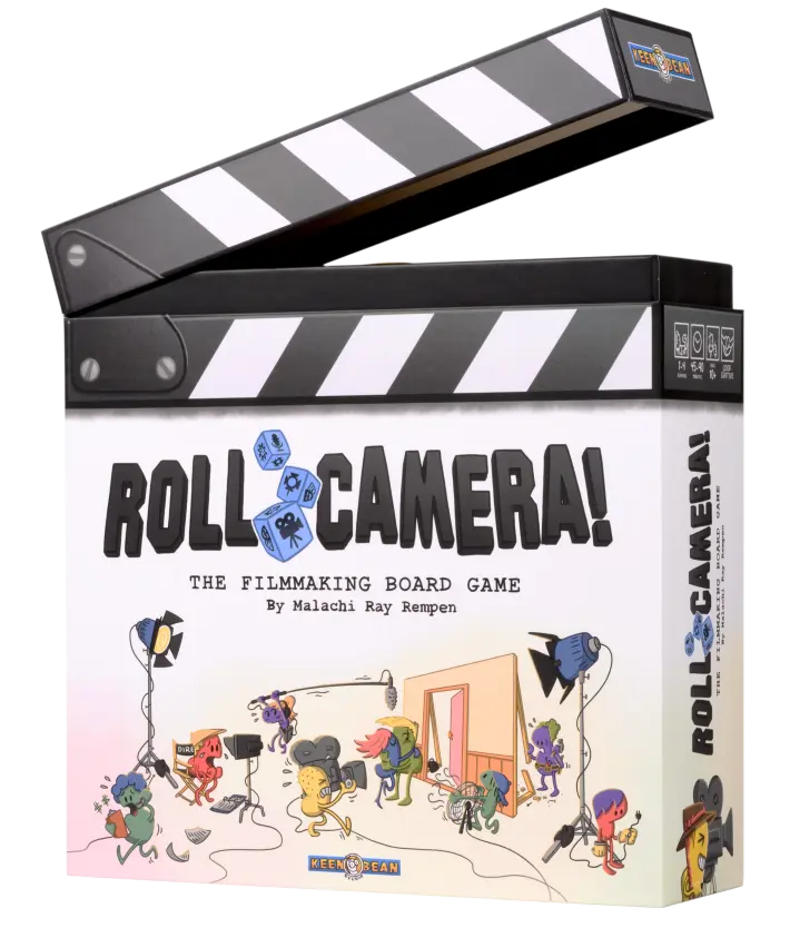 Roll Camera cooperative board game shaped like a clapperboard, featuring cartoon characters making a movie.